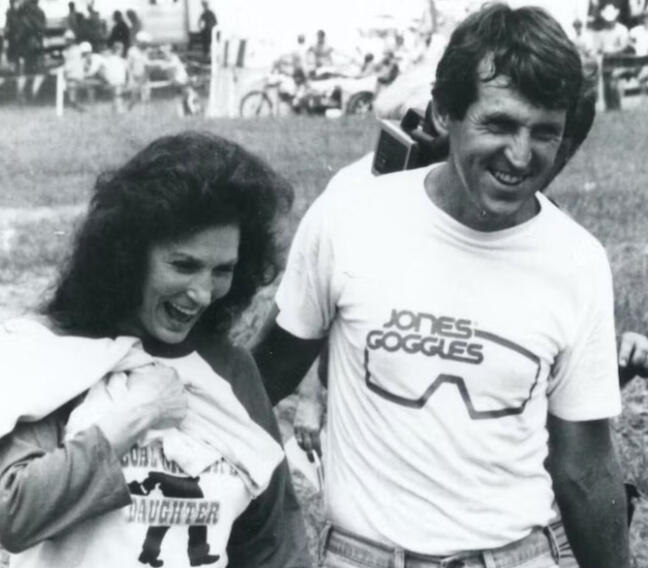 Country music superstar Loretta Lynn, shown here with Dave Coombs Sr., opened her ranch to the AMA Amateur National Motocross Championships in 1982.